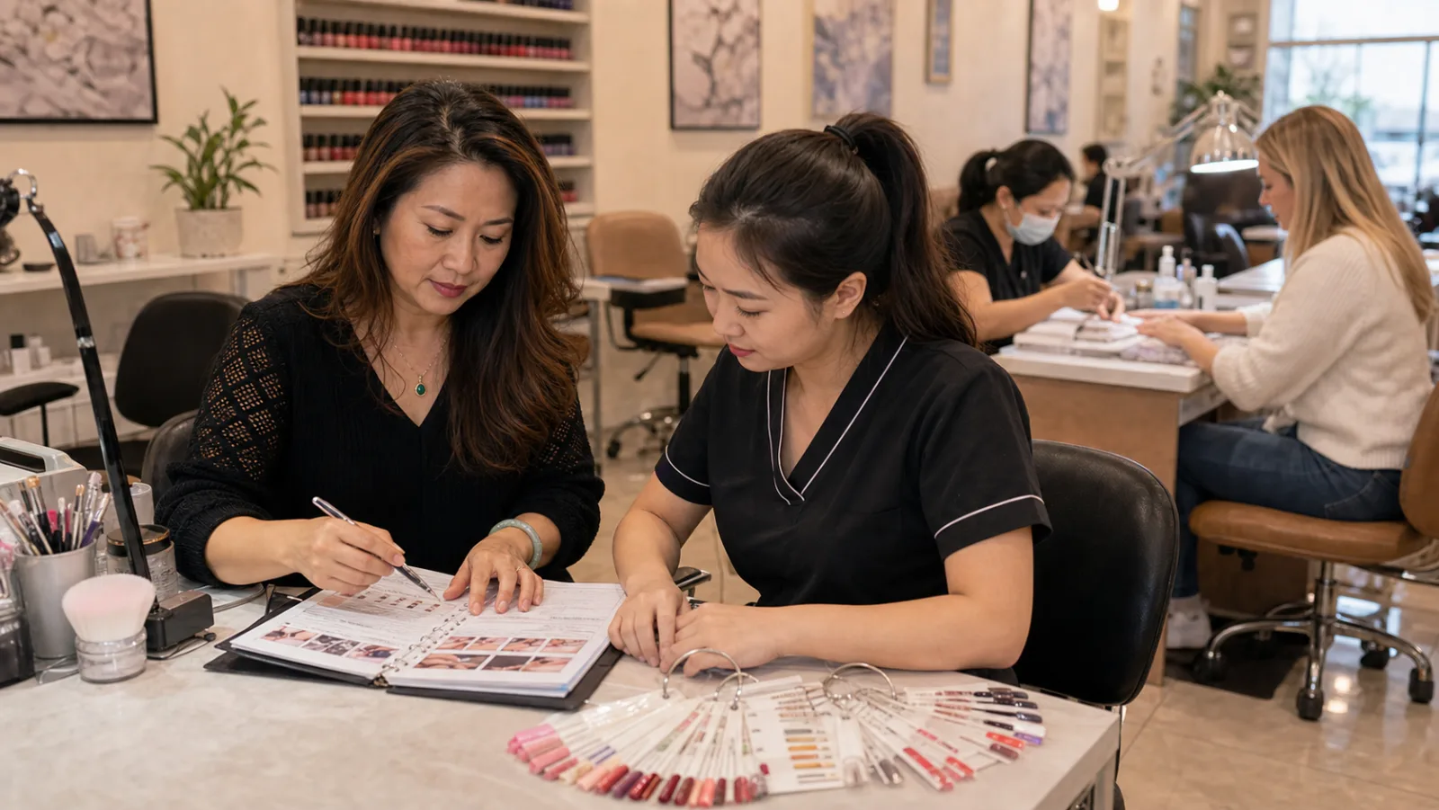 Chủ tiệm nail Việt-Mỹ đang hướng dẫn thợ trẻ trong tiệm, mentor tay nghề và cách run tiệm
