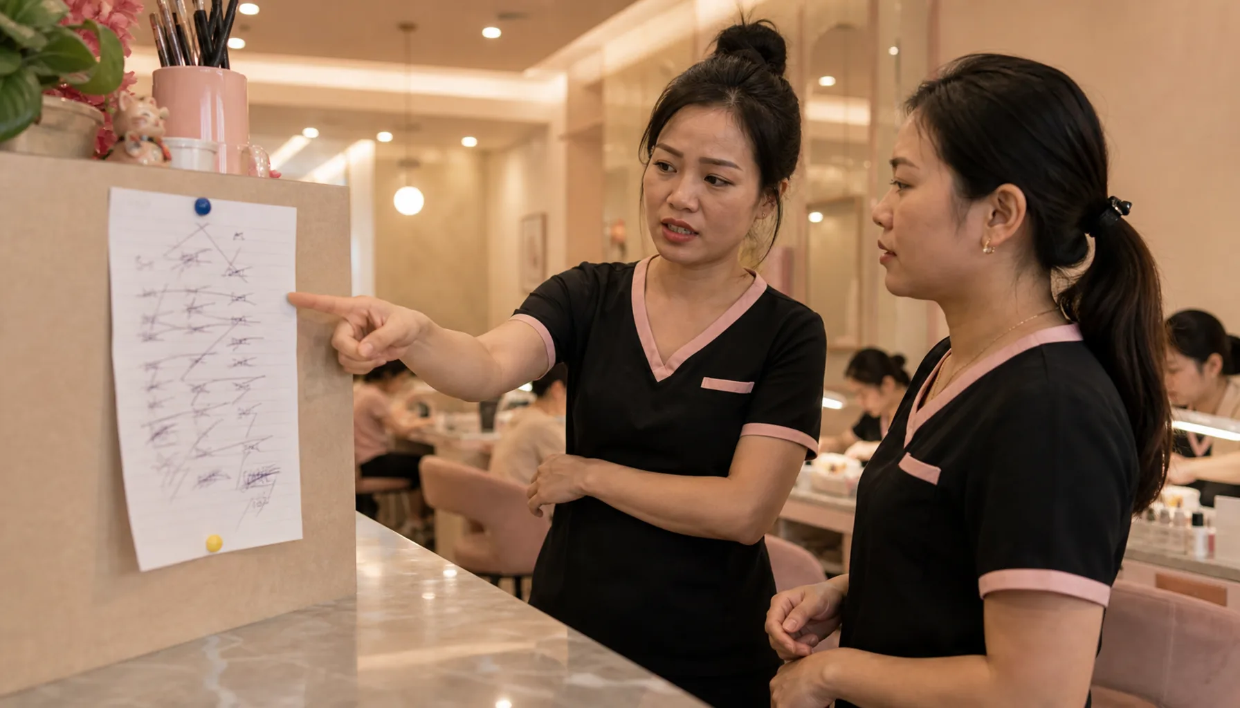 Hai kỹ thuật viên tranh luận về sổ tua giấy có nhiều chỗ gạch xóa