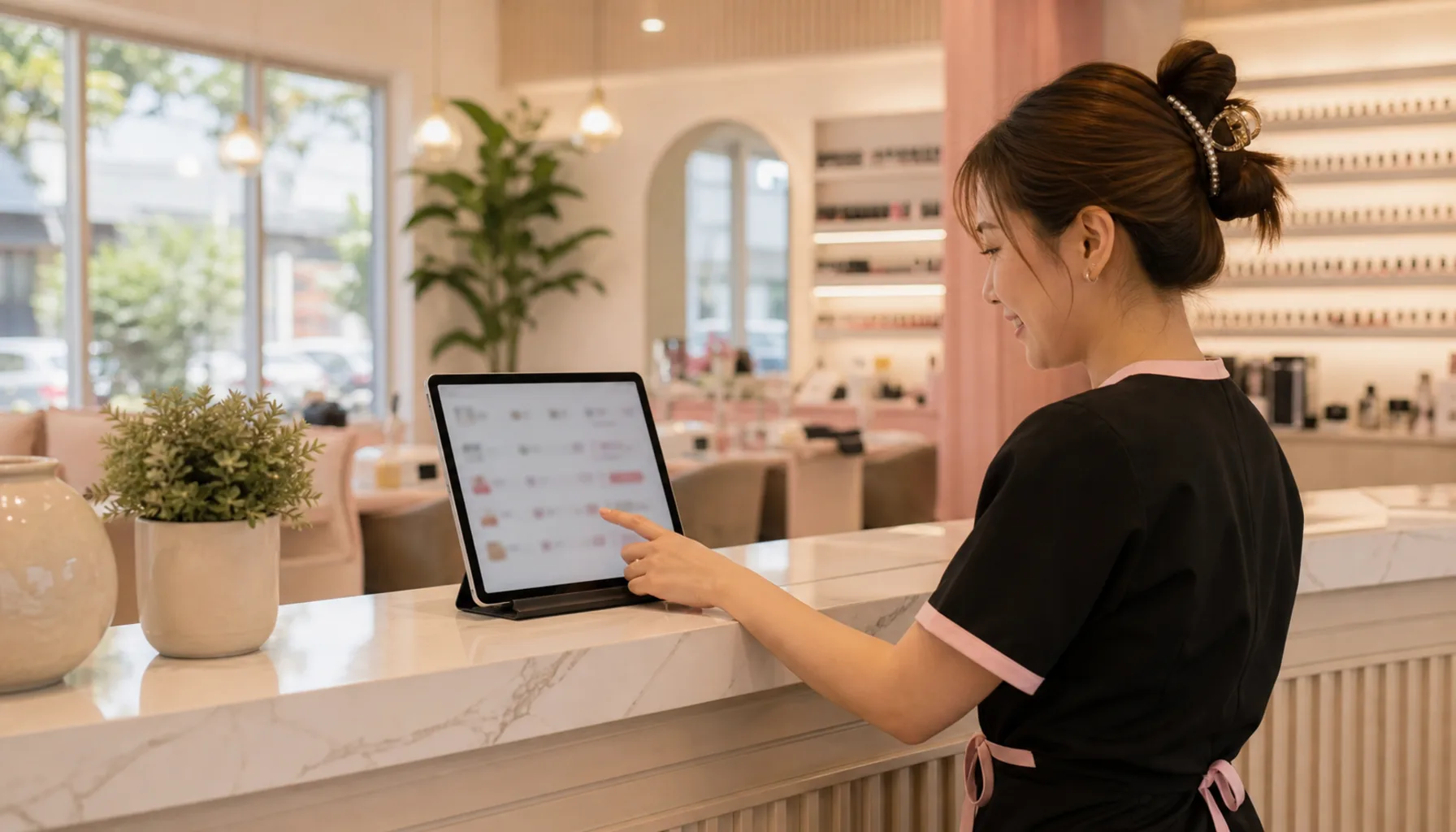 Kỹ thuật viên kiểm tra sổ tua trên tablet ở front desk tiệm nail