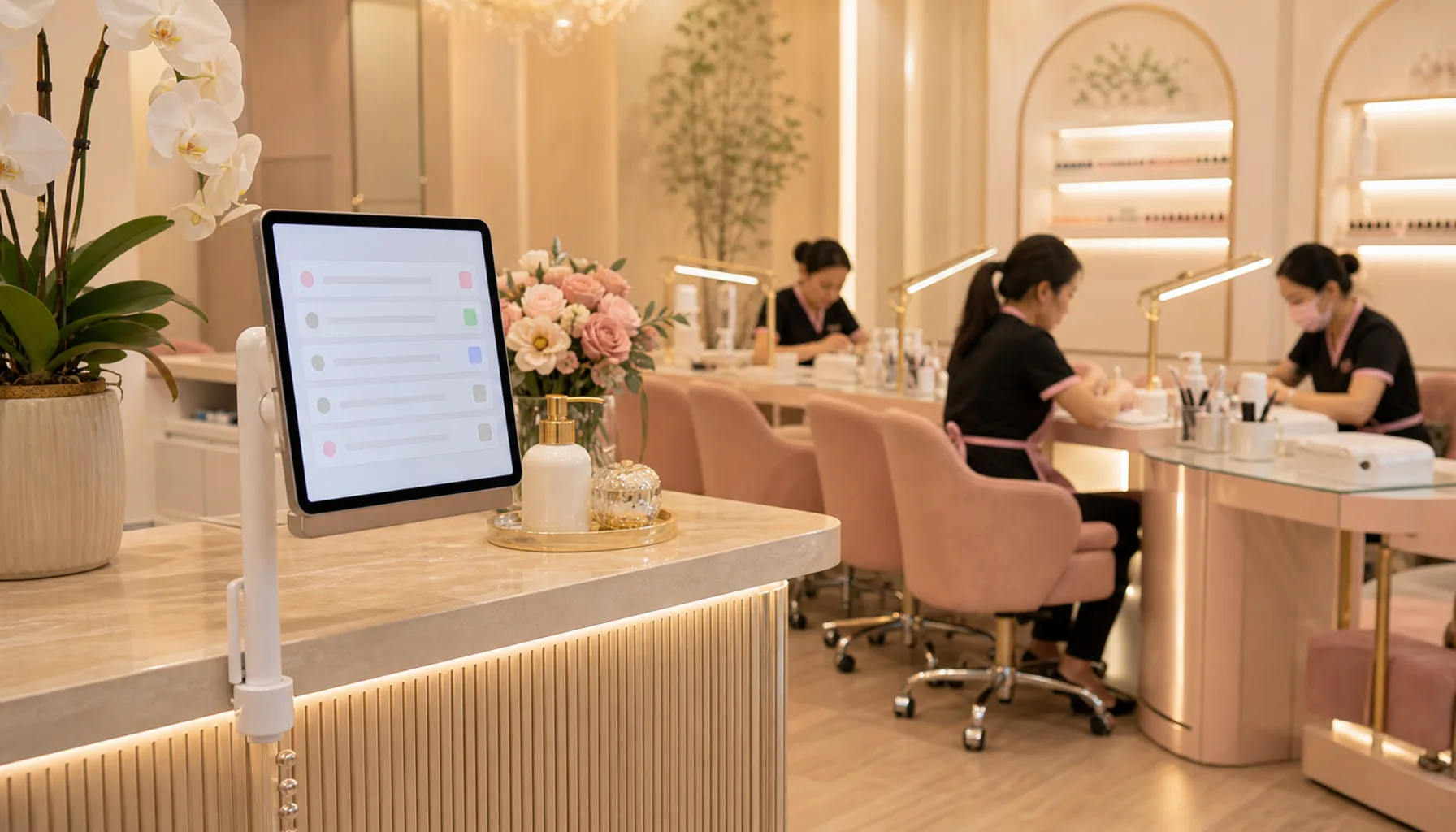 Tiệm nail gọn gàng, iPad hiển thị sổ tua rõ ràng, thợ làm việc yên tĩnh
